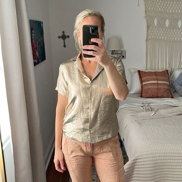 Maje Metallic Shirt Womens Size 1 Small Gold Silk Button Up Top‎ - Picture 1 of 7
